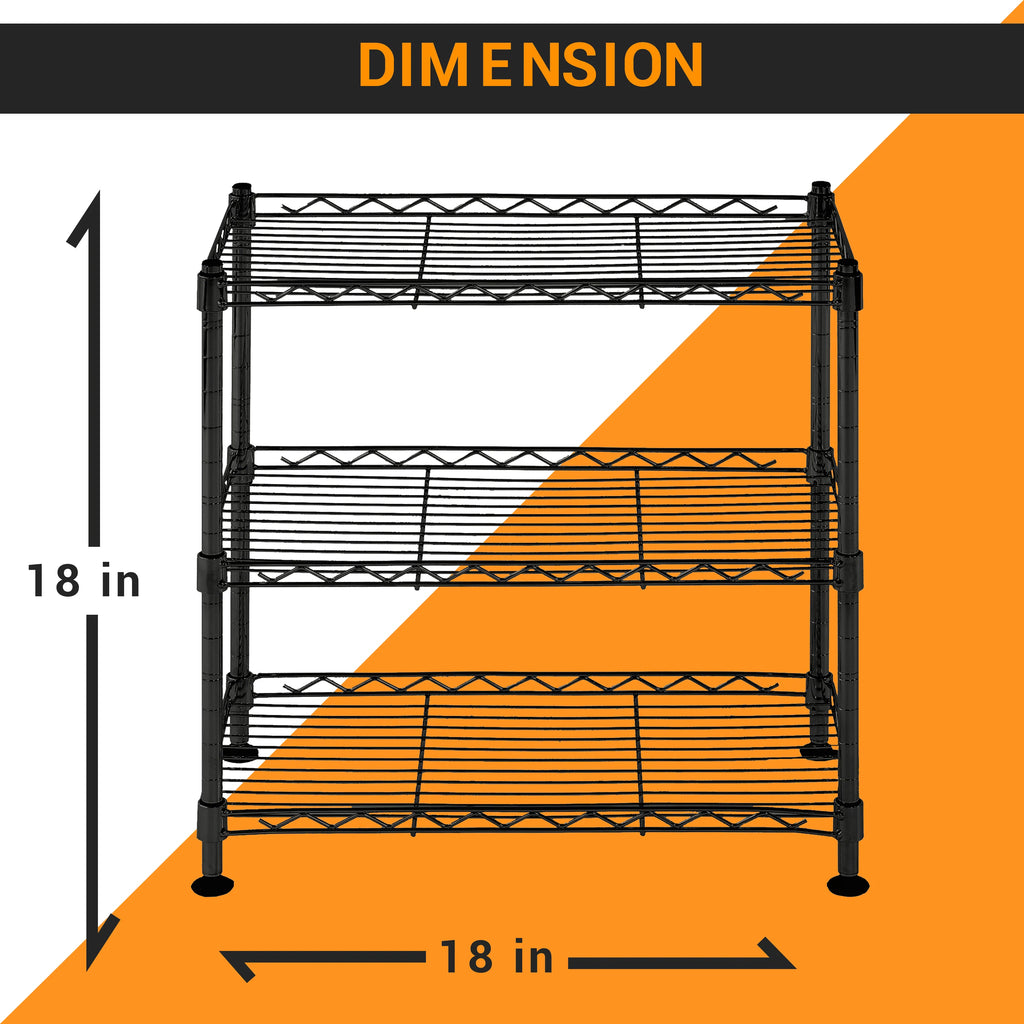 Juggernaut Storage Steel 3-Tier Storage Shelf Unit 18"H x 18"W x 10"D, 210lb Total Capacity, Black