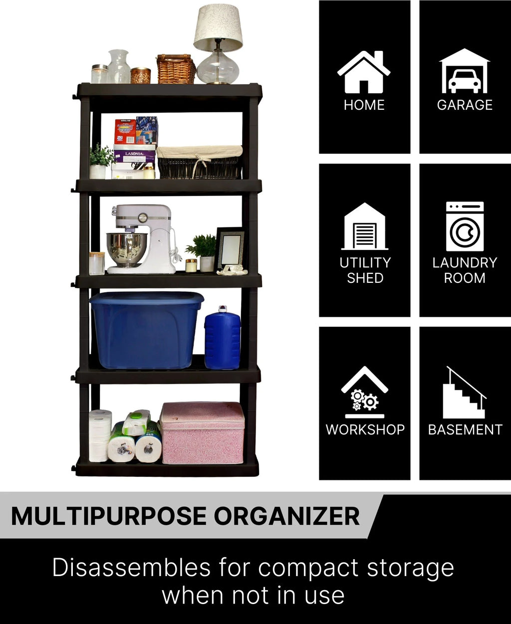 Oskar Plastic Storage Shelves 5-Tier Garage Organizer 74"H x 36"W x 18"D, White 750lb Capacity