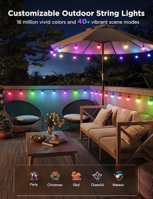 Govee Smart Outdoor String Lights 2, 144ft Outdoor Lights with Dimmable Warm White LED Bulbs, 47 Scene Modes for Patio, Backyard, Balcony, IP65 Waterproof, Works with Alexa, App Control
