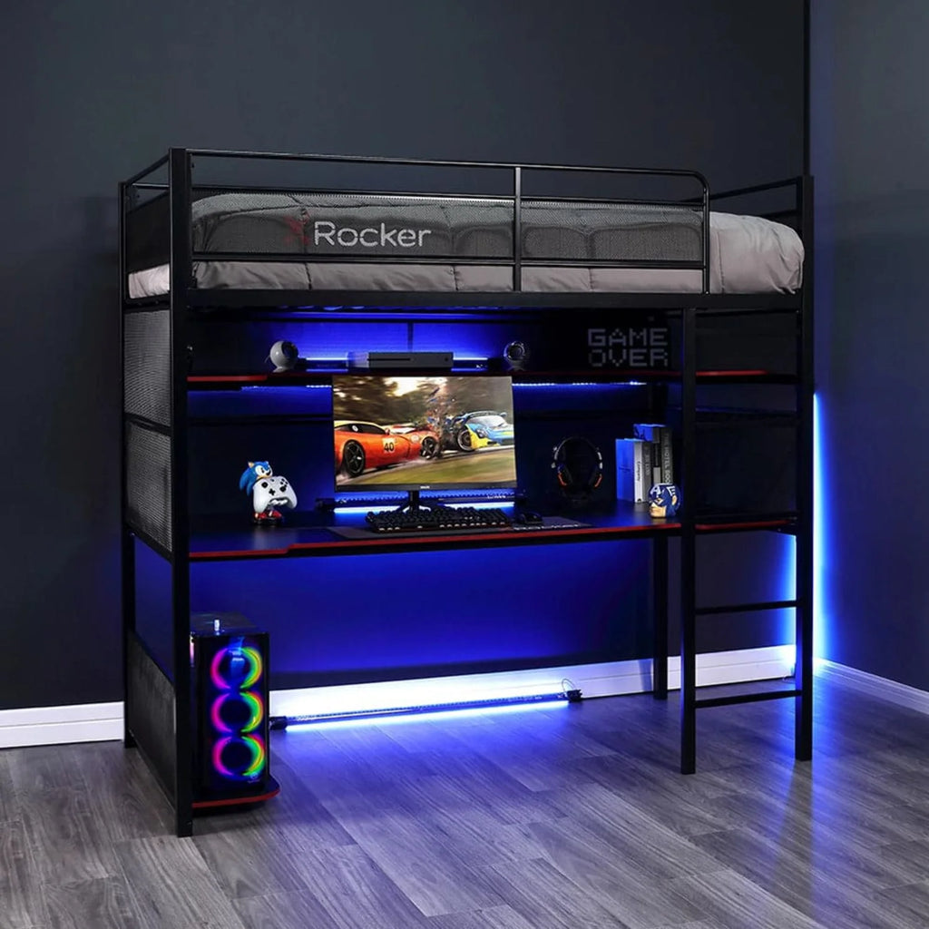 X Rocker Gaming Bunk Bed, Metal, Shelves, Twin, Black