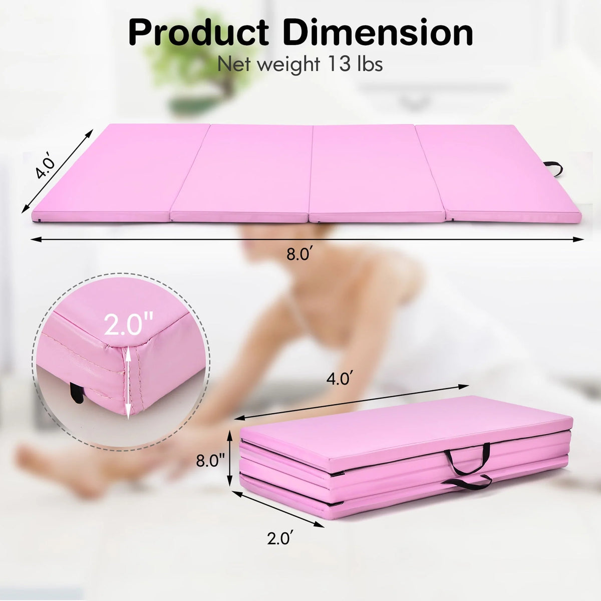 Gymax 8' x 4' x 2'' Folding Gymnastics Tumbling Mat Thickened Exercise Mat Pink