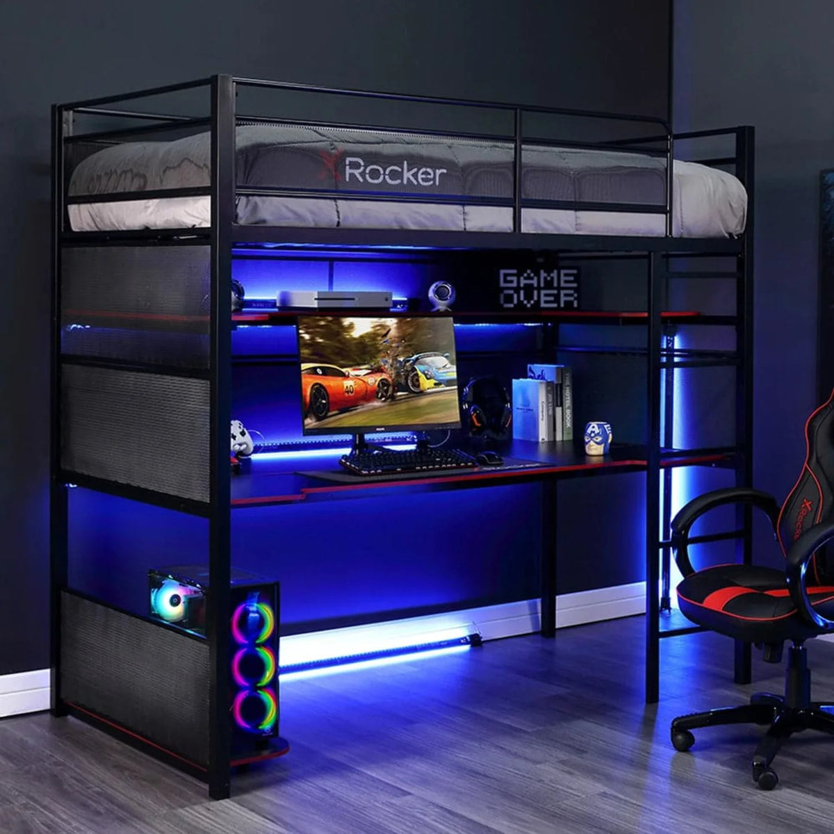 X Rocker Gaming Bunk Bed, Metal, Shelves, Twin, Black