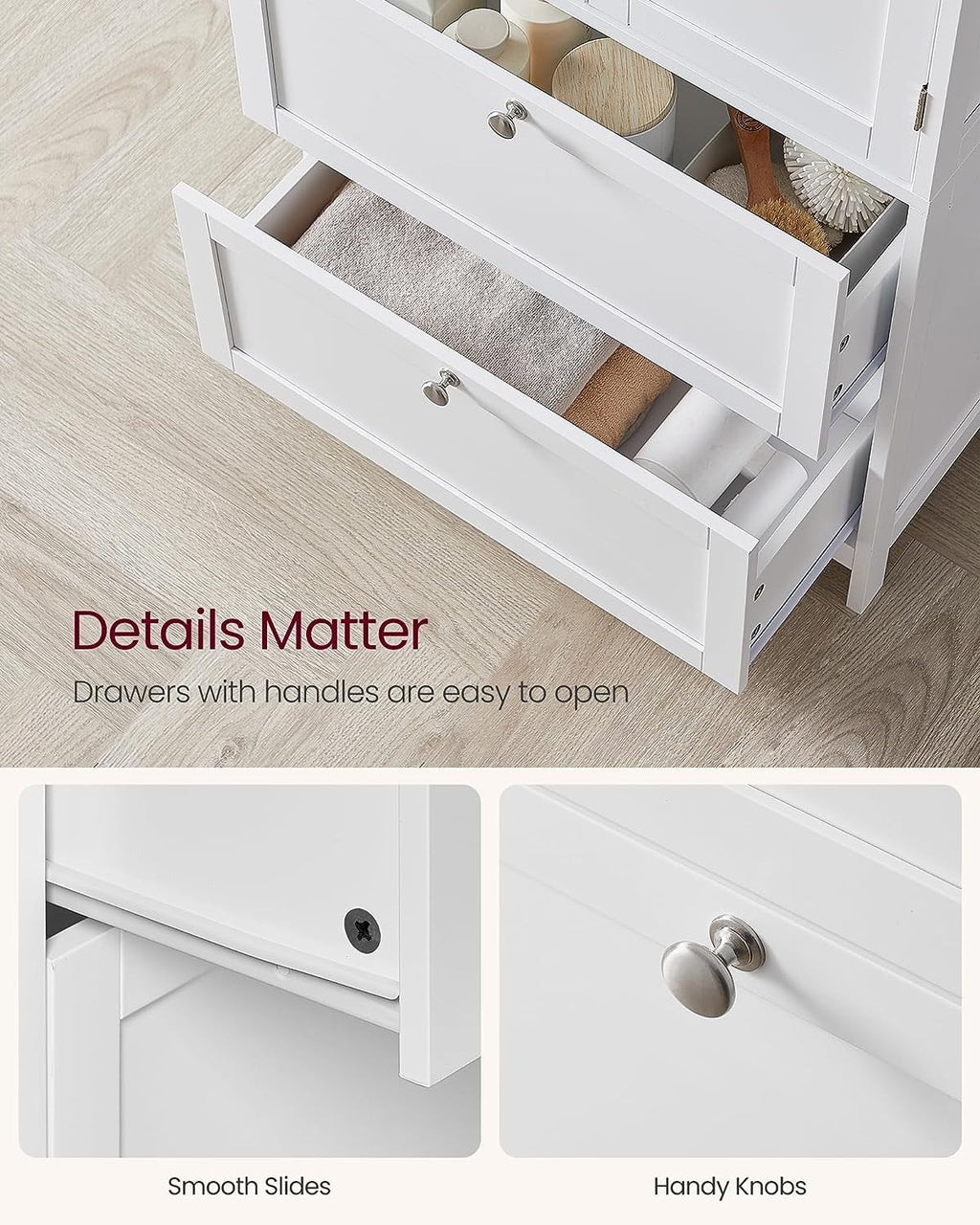 Meuble de rangement sur pied, unité de rangement, armoire indépendante avec 2 tiroirs et 2 portes, étagère réglable, 30 x 60 x 110 cm, blanc