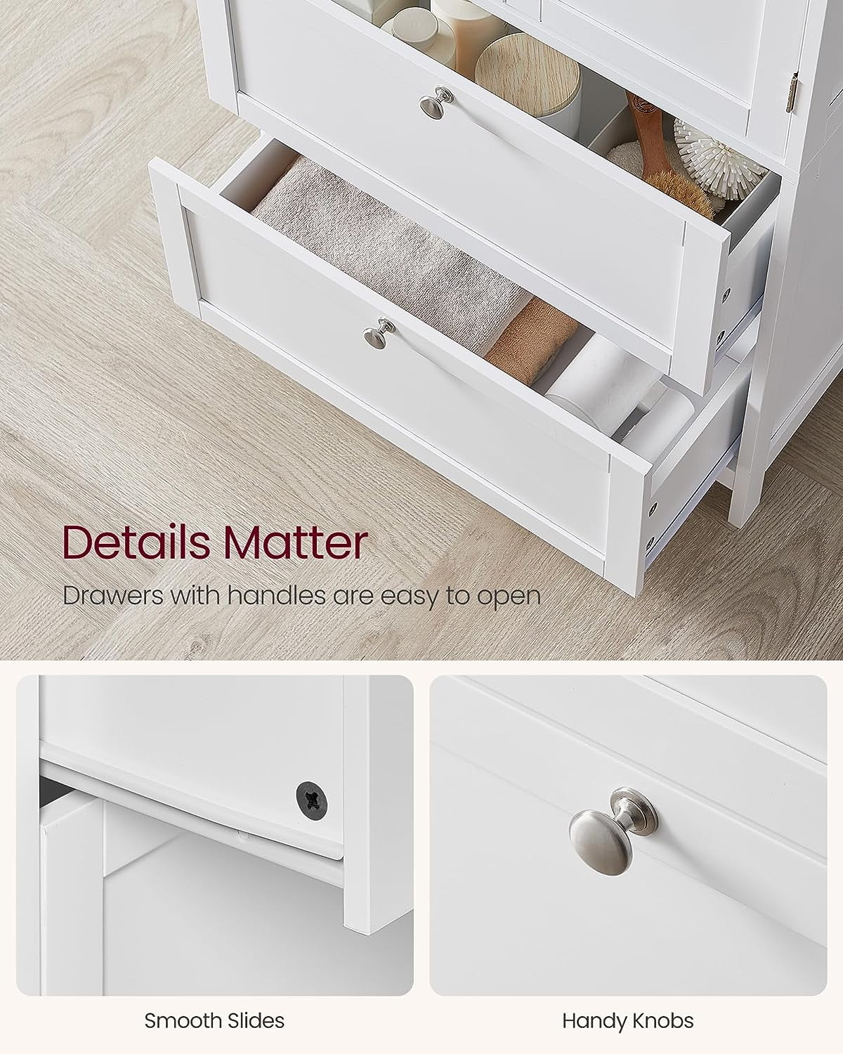 Meuble de rangement sur pied, unité de rangement, armoire indépendante avec 2 tiroirs et 2 portes, étagère réglable, 30 x 60 x 110 cm, blanc
