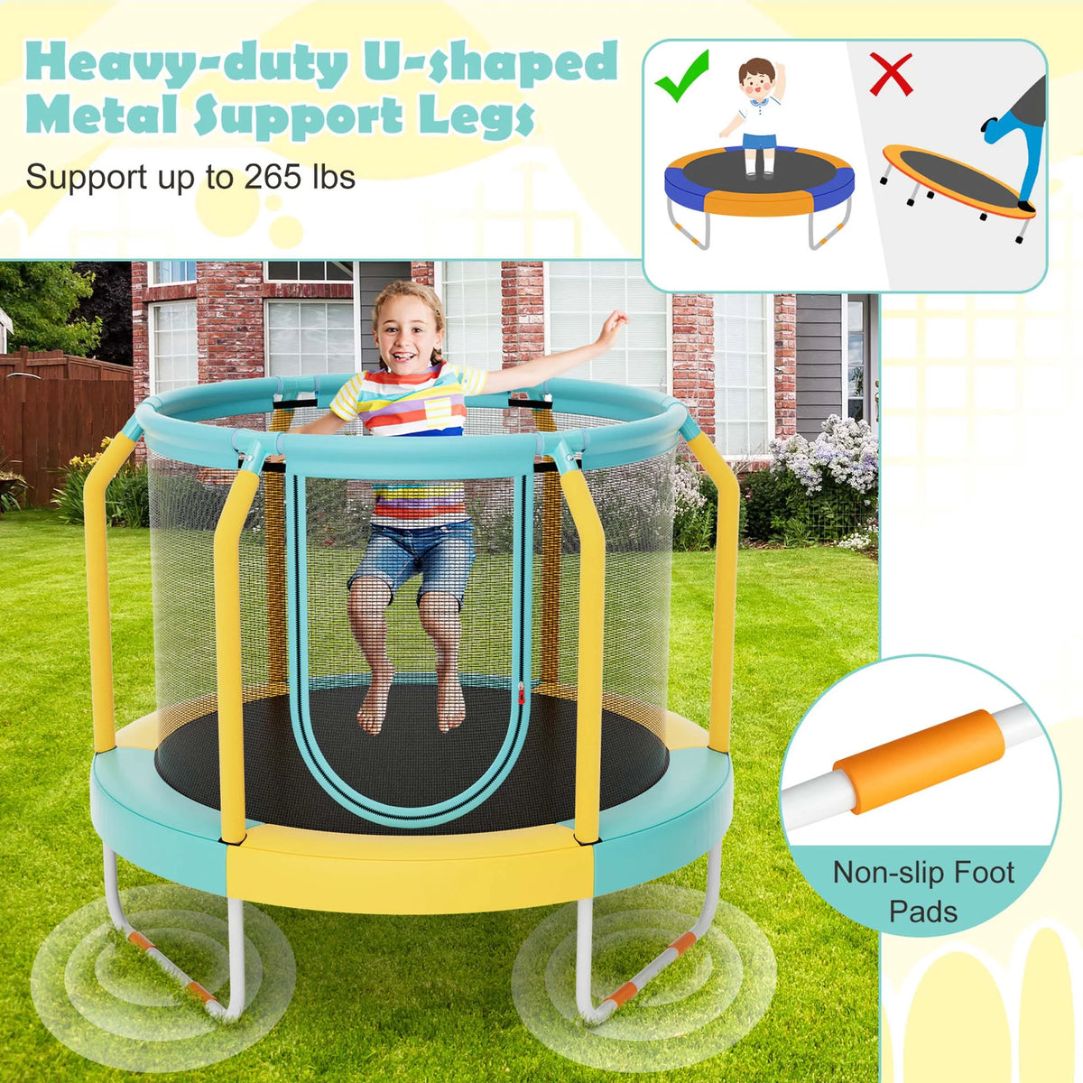 Costway Mini Trampoline with Enclosure for Kids, Blue/Yellow, 48.00" x 48.00" x 39.50"