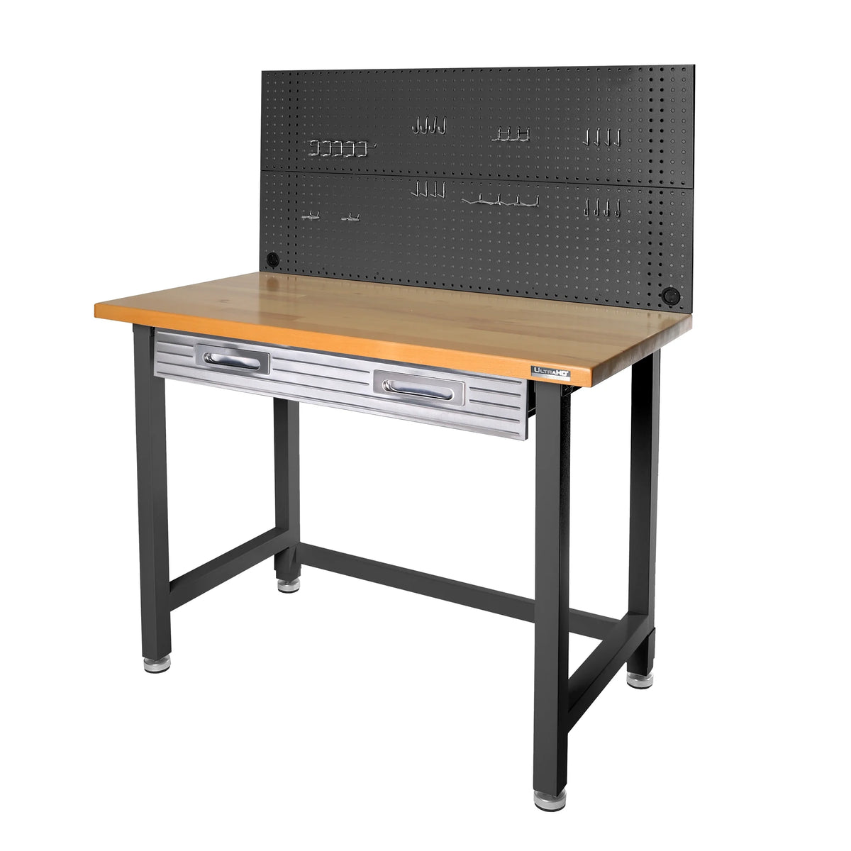 Établi commercial robuste Seville Classics UltraHD avec éclairage et panneau perforé, granite, 48 po L x 24 po P x 65,5 po H