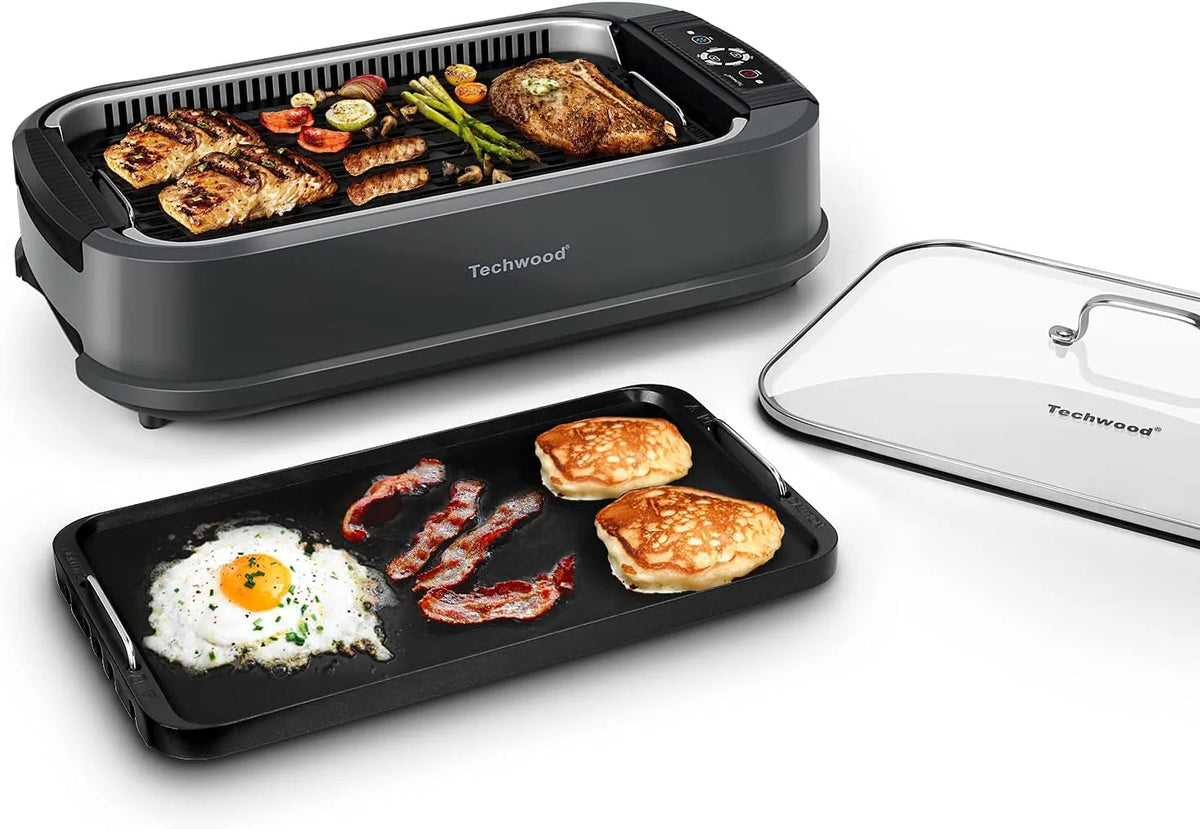Indoor Grill, Techwood 1500W Smokeless Electric Grill with Tempered Glass Lid, Compact & Portable Non-Stick BBQ Grill with 6-Level Control, Dishwasher Safe, Black