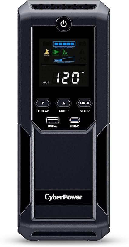 CyberPower CP1500AVRLCD3 Intelligent LCD UPS System, 1500VA/900W, 12 Outlets, 2 USB Ports, AVR, Mini Tower, Black