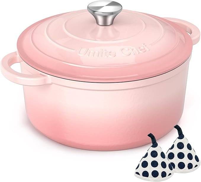 Umite Chef 5QT Enameled Cast Iron Dutch Oven Pot with Lid, Heavy-Duty Cookware for Bread Baking, Braising, Stews, Roasting, Wedding Registry Ideas & Gifts (Pink)