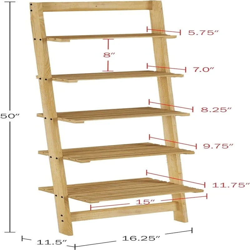 5 Tier Bookshelf Leaning Ladder Shelf Decorative Book Shelves for Bedroom - 11.5"D x 16.25"W x 50"H Cherry