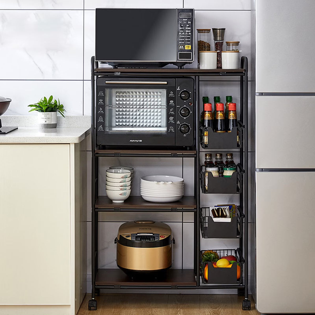 Miumaeov Kitchen Storage Rack Utility Microwave Oven Stand Storage Shelf + Push-Pull Drawer Black 27.9" L x 13.7" W x 45.2" H