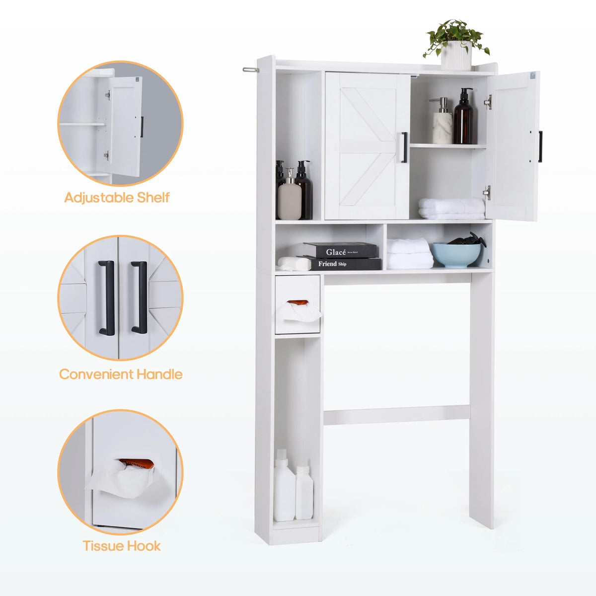 YISUFO Over the Toilet Storage Cabinet, Freestanding Bathroom Organizer with Adjustable Shelves, Waterproof, 65" H x 32" D x 7.7" W, White