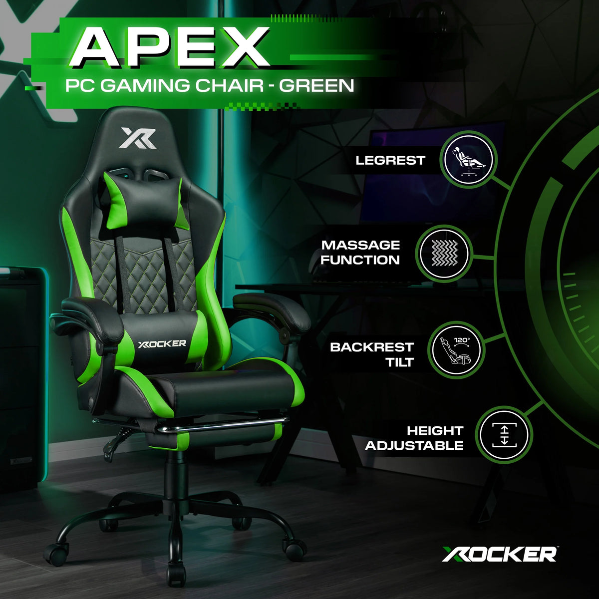 X Rocker Apex PC Gaming Chair with Massage Function and Footrest, Red