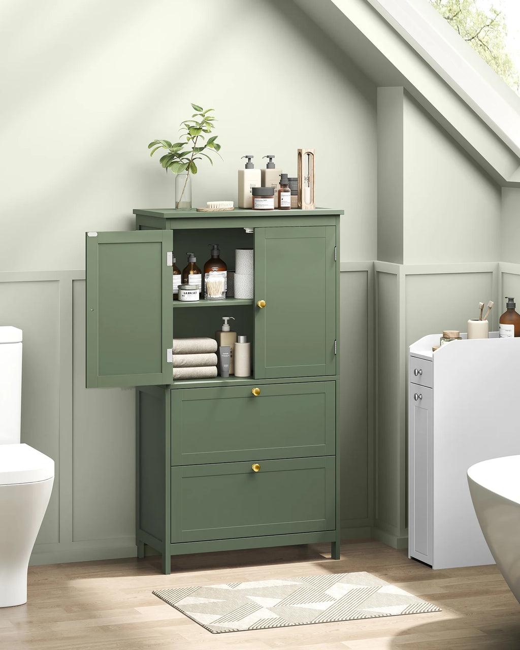 Meuble de rangement sur pied, unité de rangement, armoire indépendante avec 2 tiroirs et 2 portes, étagère réglable, 30 x 60 x 110 cm, blanc