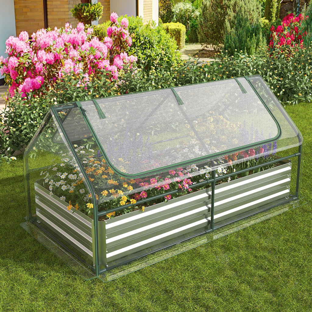 Bac de jardin surélevé galvanisé Topbuy 183 cm x 91 cm x 91 cm avec serre, jardinière sans fond avec housse transparente, kit de bac de plantation extérieur