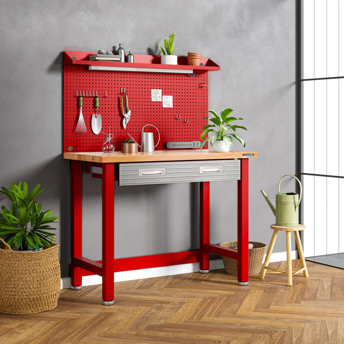 Établi commercial robuste Seville Classics UltraHD avec éclairage et panneau perforé, granite, 48 po L x 24 po P x 65,5 po H