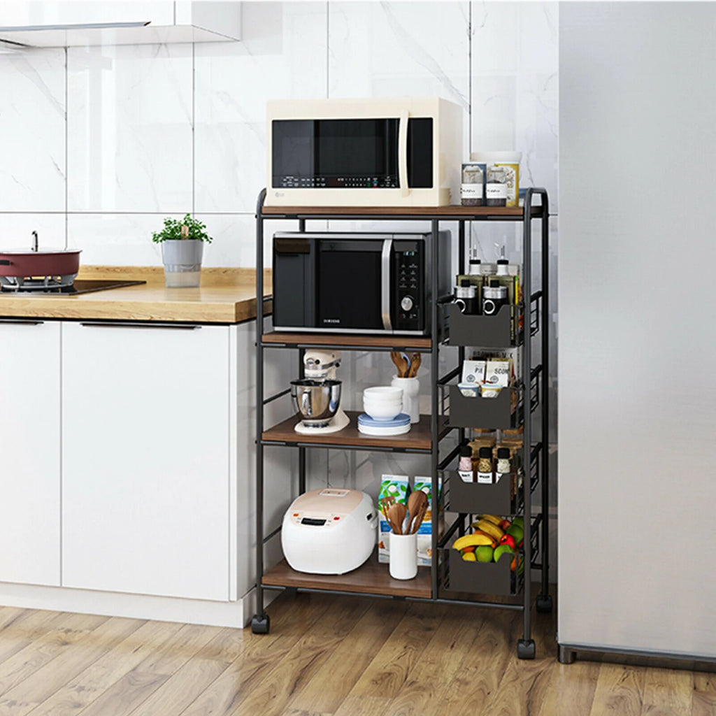 Miumaeov Kitchen Storage Rack Utility Microwave Oven Stand Storage Shelf + Push-Pull Drawer Black 27.9" L x 13.7" W x 45.2" H