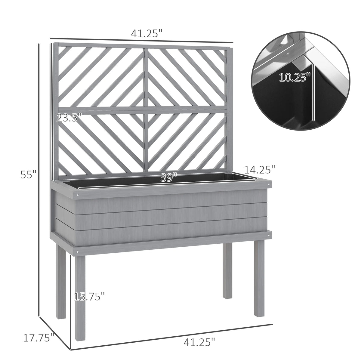 Jardinière surélevée GHooa avec treillis pour plantes grimpantes 104,8 cm L x 45,1 cm P x 139,7 cm H - Gris