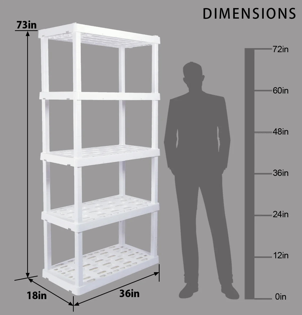 Oskar Plastic Storage Shelves 5-Tier Garage Organizer 74"H x 36"W x 18"D, White 750lb Capacity