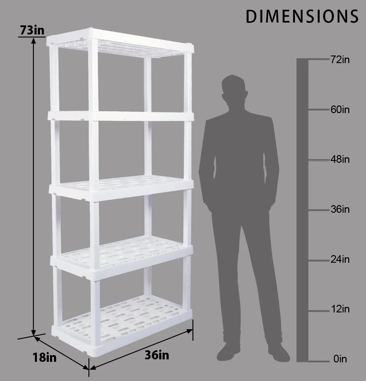 Oskar Plastic Storage Shelves 5-Tier Garage Organizer 74"H x 36"W x 18"D, White 750lb Capacity