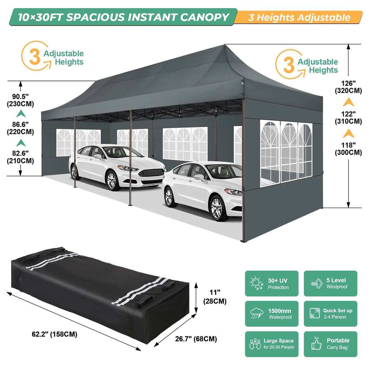 HOTEEL 10ft x 30ft Khaki Pop Up Outdoor Canopy, Waterproof