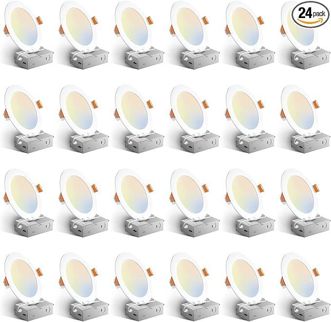 Amico 24 Pack 6 Inch 5CCT Ultra-Thin LED Recessed Ceiling Light with Junction Box, 1050LM Brightness, Dimmable Canless Wafer Downlight, 12W, ETL&FCC