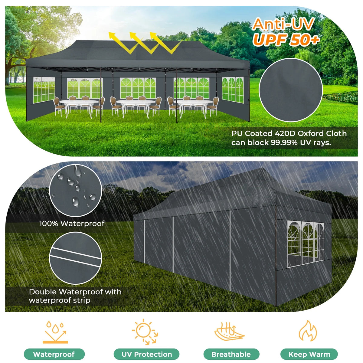 HOTEEL 10ft x 30ft Khaki Pop Up Outdoor Canopy, Waterproof