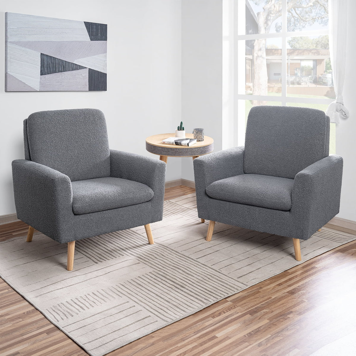 Naomi Home Frida Mid-Century Modern Accent Chair, Espresso Teddy Fleece Upholstered Armchair with Oak Legs, 28.74"D x 30.31"W x 35.04"H