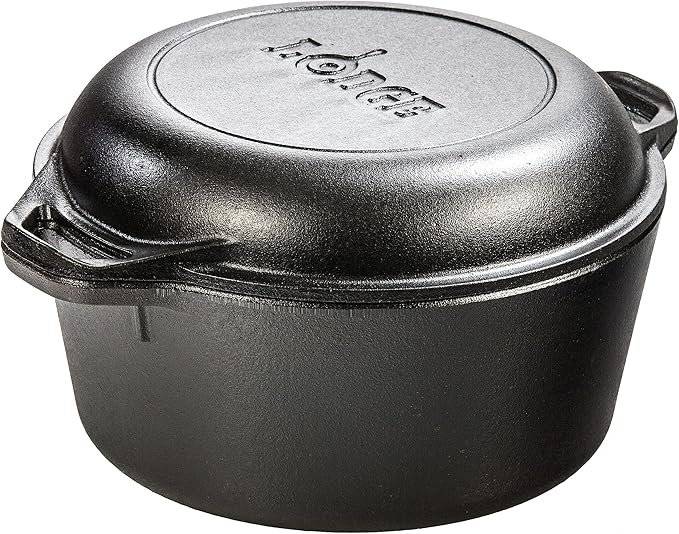 Lodge Cast Iron Double Dutch Oven – Pre-Seasoned 2-in-1 Cast Iron Cookware – Pot & Skillet Combo – Even Heat Retention – Oven-Safe, Versatile Pot – 5 Quart