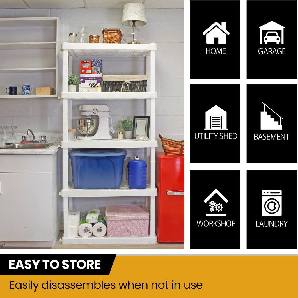 Hyper Tough 74" H x 18" D x 36" W 5 Shelf Plastic Garage Shelves, Storage Shelving, White 750 lbs Capacity