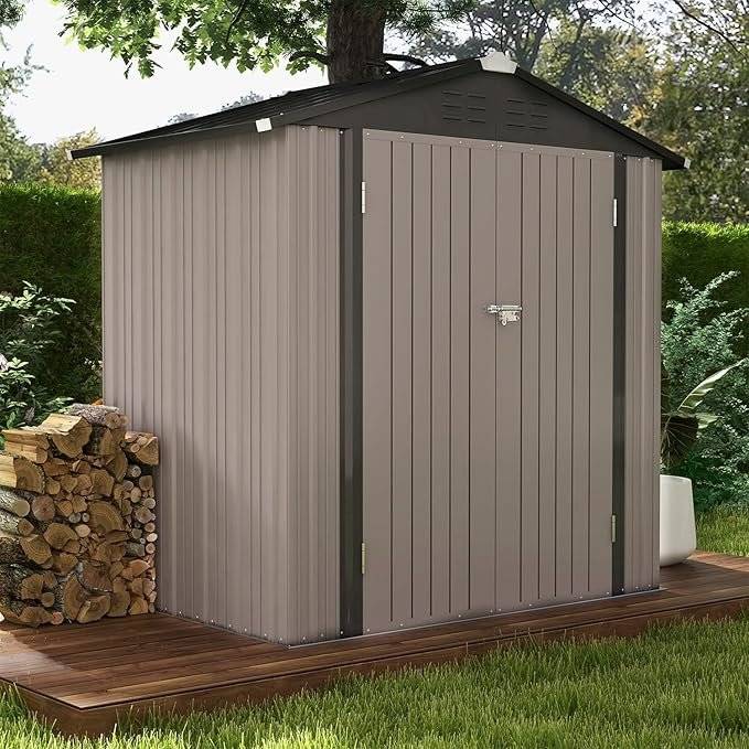 Patiowell 6×4 FT Outdoor Storage Shed, Garden Tool Storage Shed with Sloping Roof and Double Lockable Door, Outdoor Shed for Garden Backyard Patio Lawn, Brown