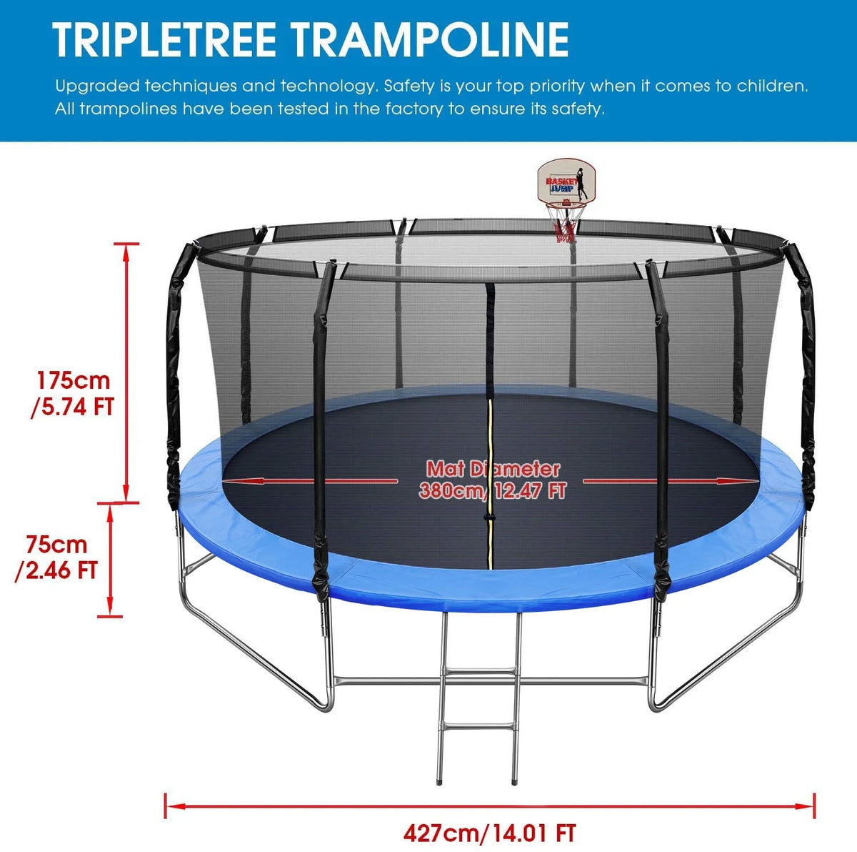 ARCTICSCORPION Trampoline With Balance Bar, 14 x 14 x 8.2 Feet 800lbs Load Safety Enclosure Net Basketball Hoop 2-Step Ladder For Toddlers, Black Blue