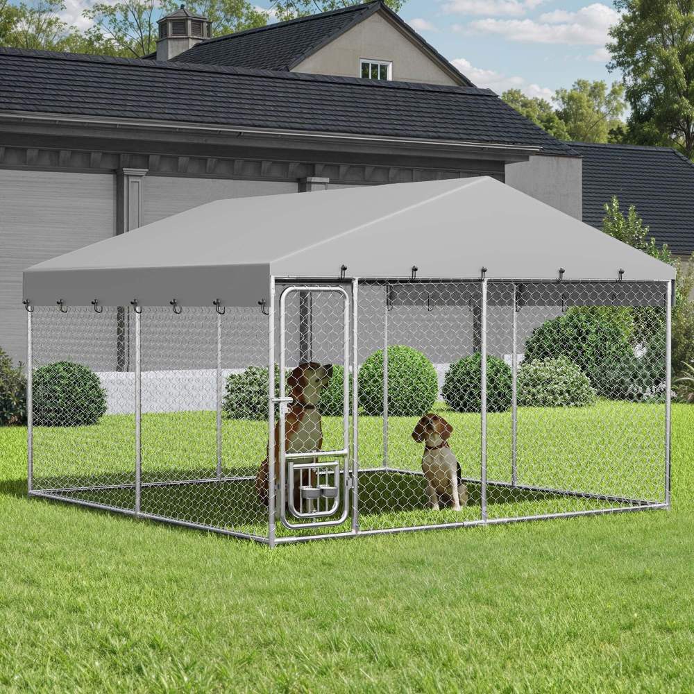 Dextrus 10'x10" Large Outdoor Dog Kennel, Outdoor Dog Enclosure with Rotating Feeder Bowls & Roof, Heavy Duty Dog Kennel for Backyard Farm