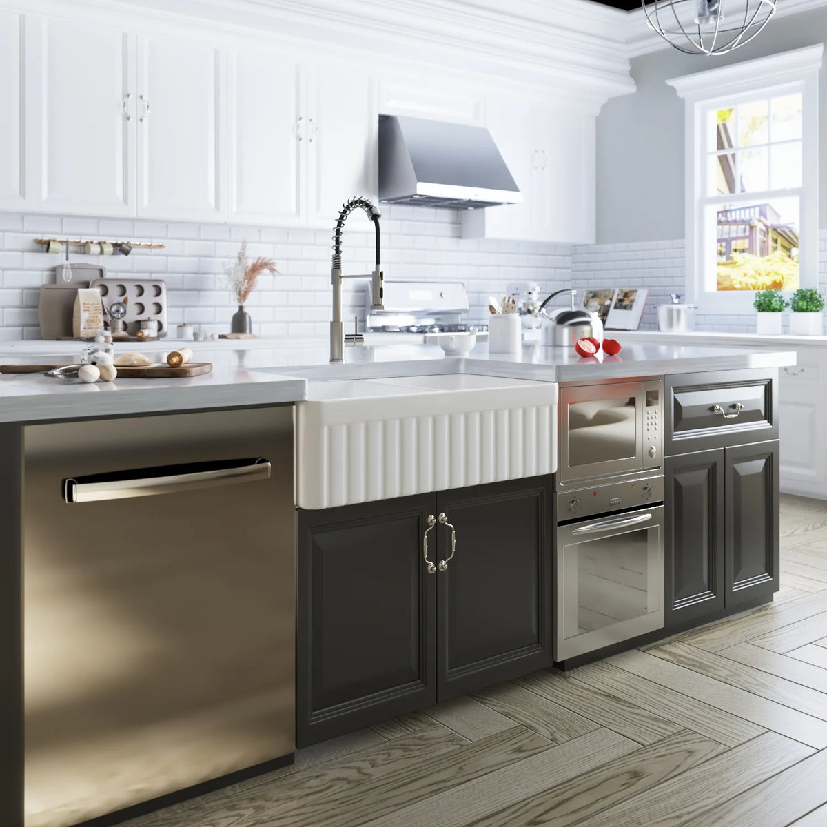 DeerValley Nova DV-1K503 Fireclay White Double Basin Farmhouse Kitchen Sink with Grid & Basket Strainer (33"L x 18"W x 10"H)