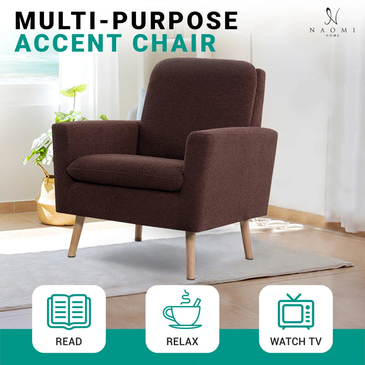 Naomi Home Frida Mid-Century Modern Accent Chair, Espresso Teddy Fleece Upholstered Armchair with Oak Legs, 28.74"D x 30.31"W x 35.04"H