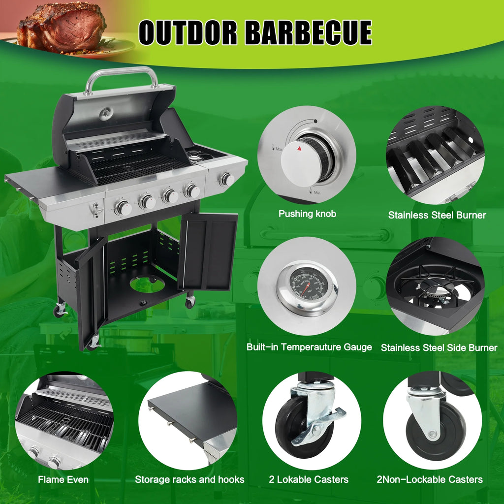 Witaxima 4-Burner Propane Gas Grill with Side Burner, 46,500 BTU Stainless Steel Outdoor BBQ Grill, Black and Silver, 47.2" x 17.9" x 45.28"
