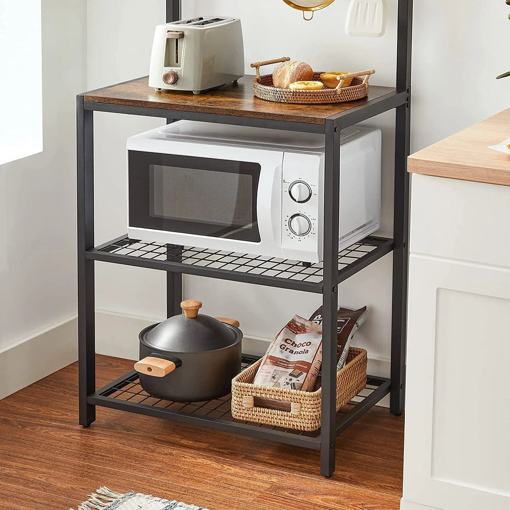VASAGLE Kitchen Baker's Rack Microwave Oven Stand with Storage Shelves & 12 Hooks Industrial 15.7 x 23.6 x 59.6 Inches Rustic Brown and Black