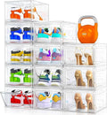 12 Pack Clear Shoe Storage Organizer with Magnetic Door,Stackable Plastic Shoe Boxes for Sneakers,Boots,and Heels,Space-Saving Foldable Shoe Rack for Closet,Durable Shoe Cabinet Organizer,White