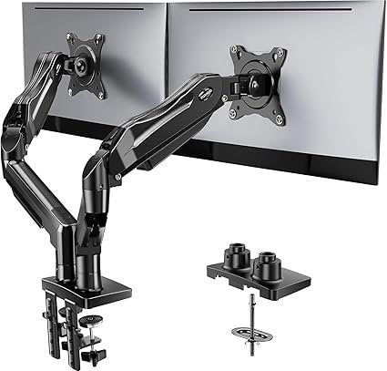 HUANUO FlowLift Dual Monitor Stand, Fully Adjustable Gaming Monitor Desk Mount for 13–32″ Computer Screens, Full Motion VESA 75×75/100×100 with C-Clamp & Grommet Base, Each Arm Holds 4.4 to 19.8 lbs