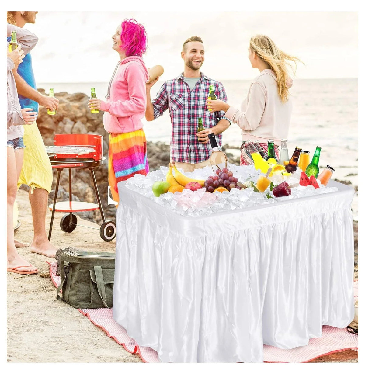 Table glacière pliante – Glacière à boissons portable, buffet avec jupe et système de drainage – Fête, pique-nique, barbecue, camping – Blanc 61 cm x 120,6 cm x 82,5 cm