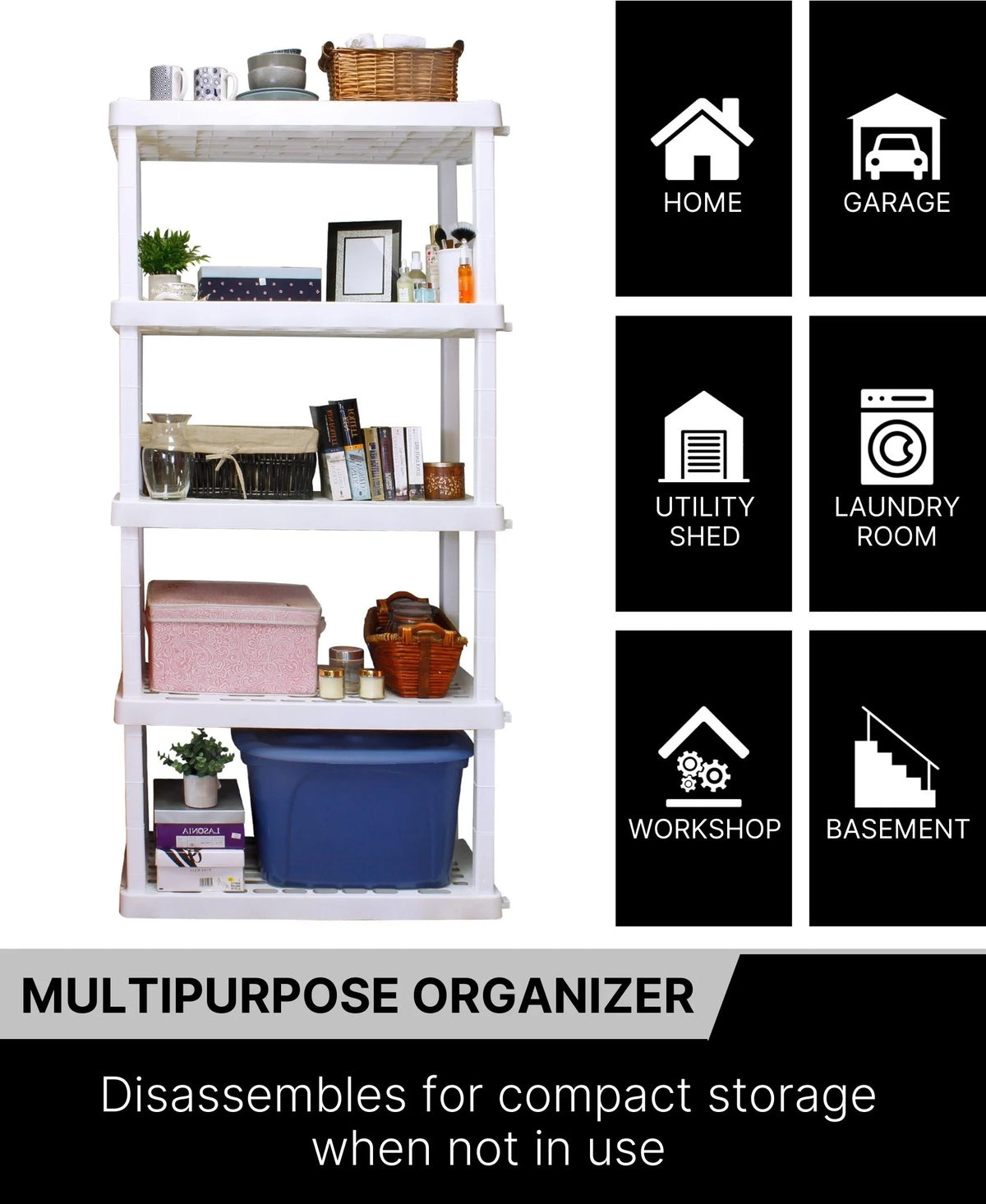 Oskar Plastic Storage Shelves 5-Tier Garage Organizer 74"H x 36"W x 18"D, White 750lb Capacity