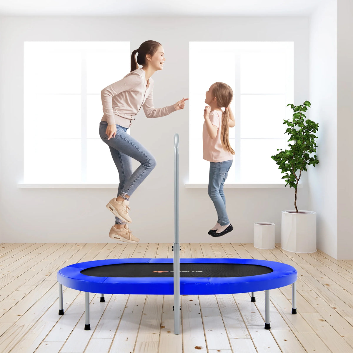 Goplus Adjustable Handrail Foldable Trampoline, Blue, 59.50" x 35.50" x 52.00"