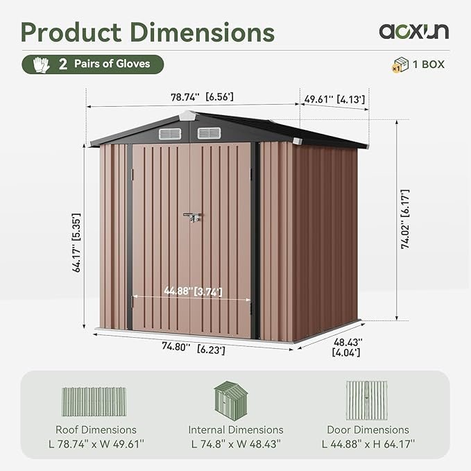 Aoxun 6.2×4 FT Shed Outdoor Storage Shed with Lockable Doors & Slooping Roof Metal Garden Tool Shed for Backyard, Patio, Poolside (Brown)