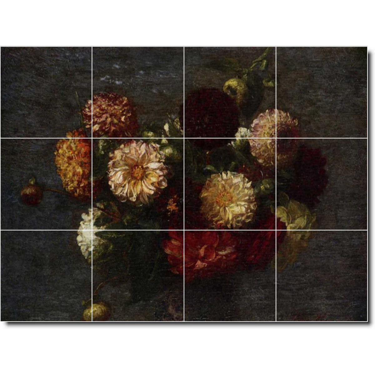 Ceramic Tile Mural-Henri Fantin-Latour Flowers Wall Tile Mural 19. 17" w x 12.75" h using (12) 4.25 x 4.25 ceramic tiles