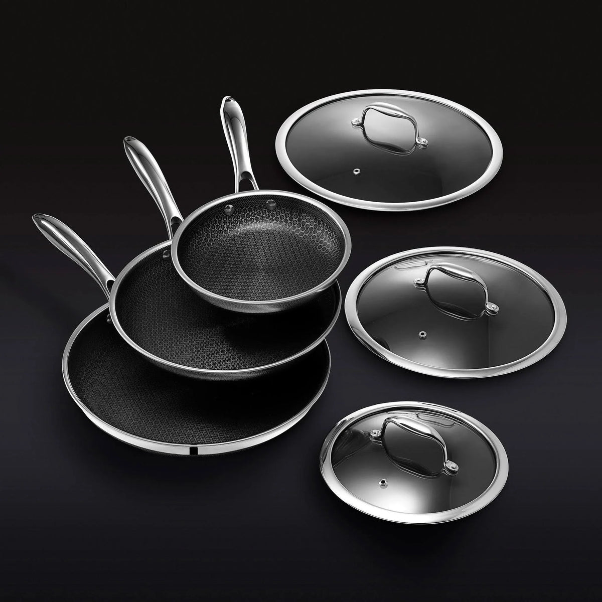 HexClad 6 Piece Hybrid Stainless Steel Cookware Pan Set 8 inch 10 inch 12 inch with Glass Lids Size: One size Black