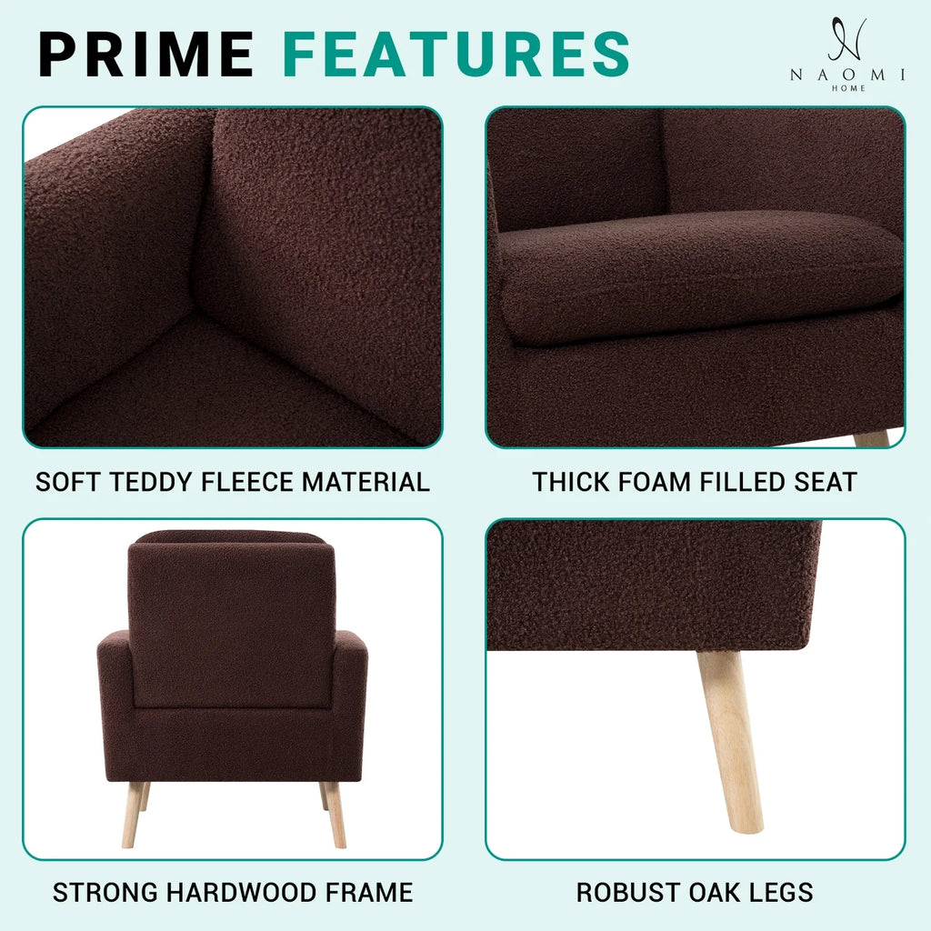 Naomi Home Frida Mid-Century Modern Accent Chair, Espresso Teddy Fleece Upholstered Armchair with Oak Legs, 28.74"D x 30.31"W x 35.04"H
