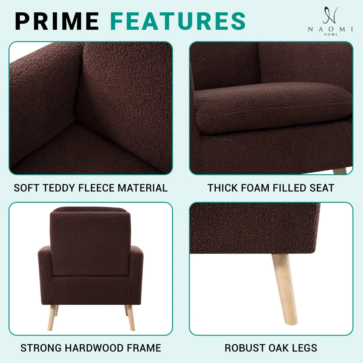Naomi Home Frida Mid-Century Modern Accent Chair, Espresso Teddy Fleece Upholstered Armchair with Oak Legs, 28.74"D x 30.31"W x 35.04"H