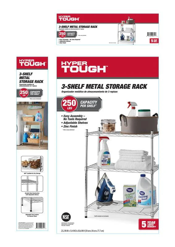 Hyper Tough Steel 3-Tier Storage Shelf Unit 30.6"H x 23.2"W x 13.4"D, 750lb Total Capacity, Chrome