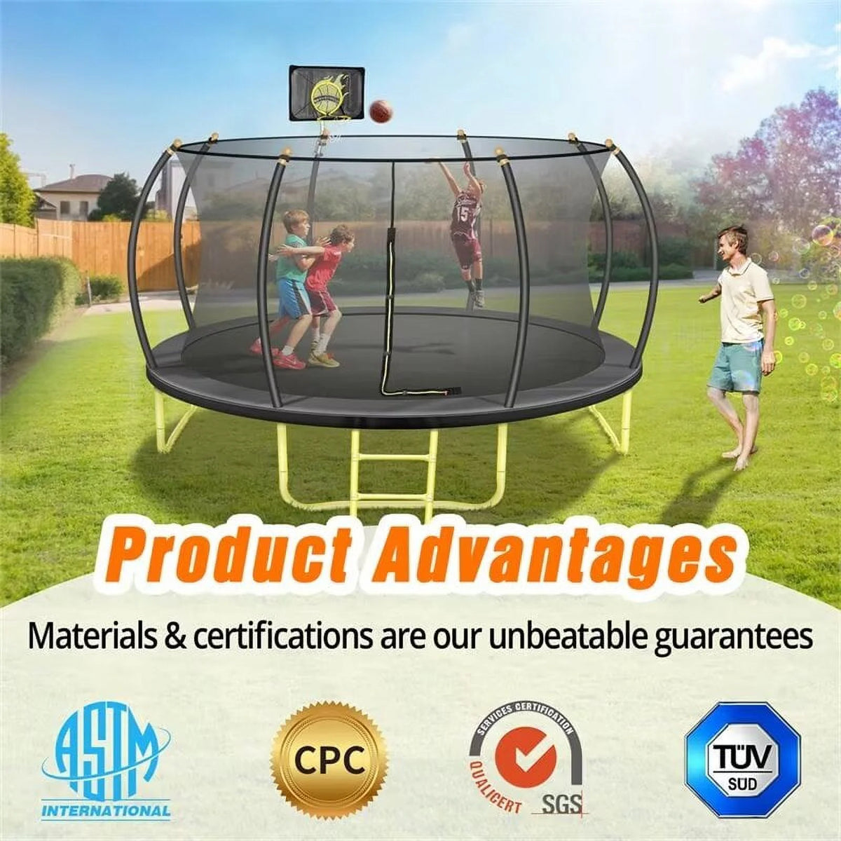 Triple Tree Trampoline with Enclosure, Black/Yellow, 63.78"x 17.72" x 8.66"