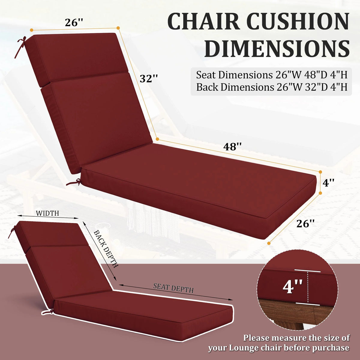 Kimunuk Outdoor Chaise Lounge Cushions set of 2, 80" x 26" x 4" Waterproof Pool Beach Recliner Replacement Cushions with Ties, Navy